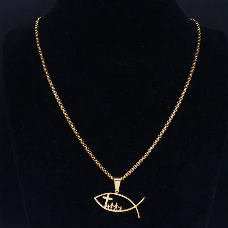 Collier homme femme pendentif | IchthysChristCrossFamilyNecklace™