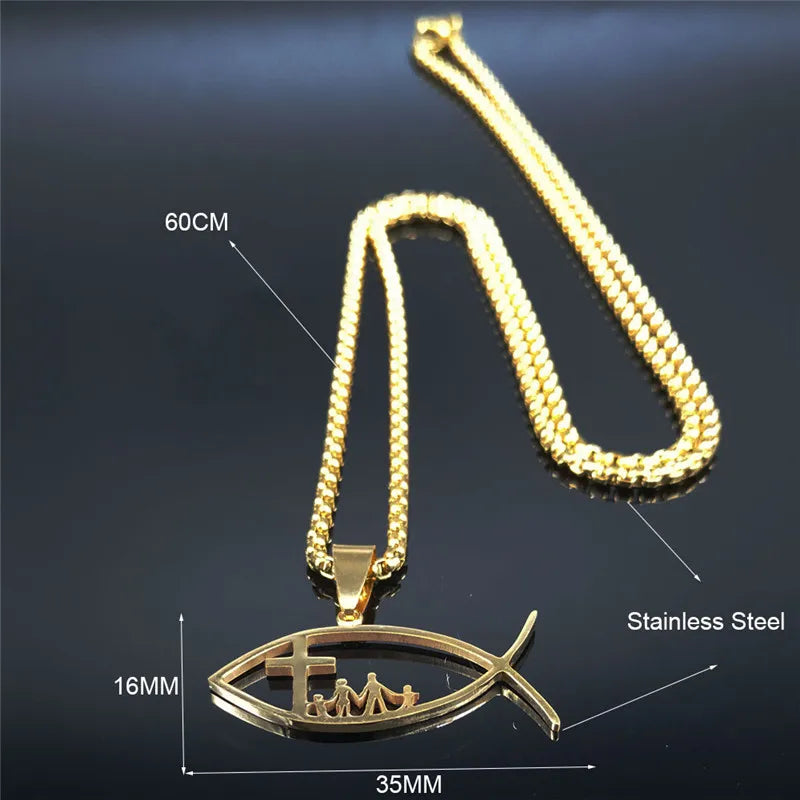 Collier homme femme pendentif  | IchthysChristCrossFamilyNecklace™