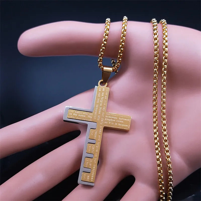 collier croix priere notre pere or