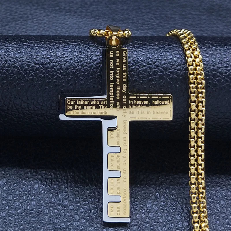 collier croix priere notre pere or