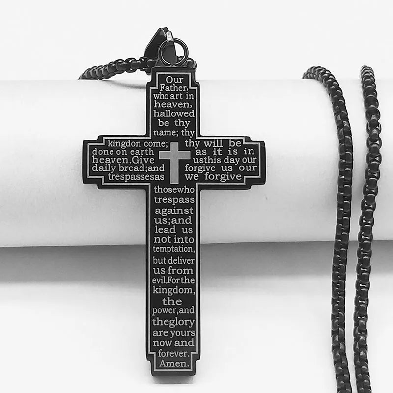 collier croix homme PRIÈRE NOTRE PÈRE noir