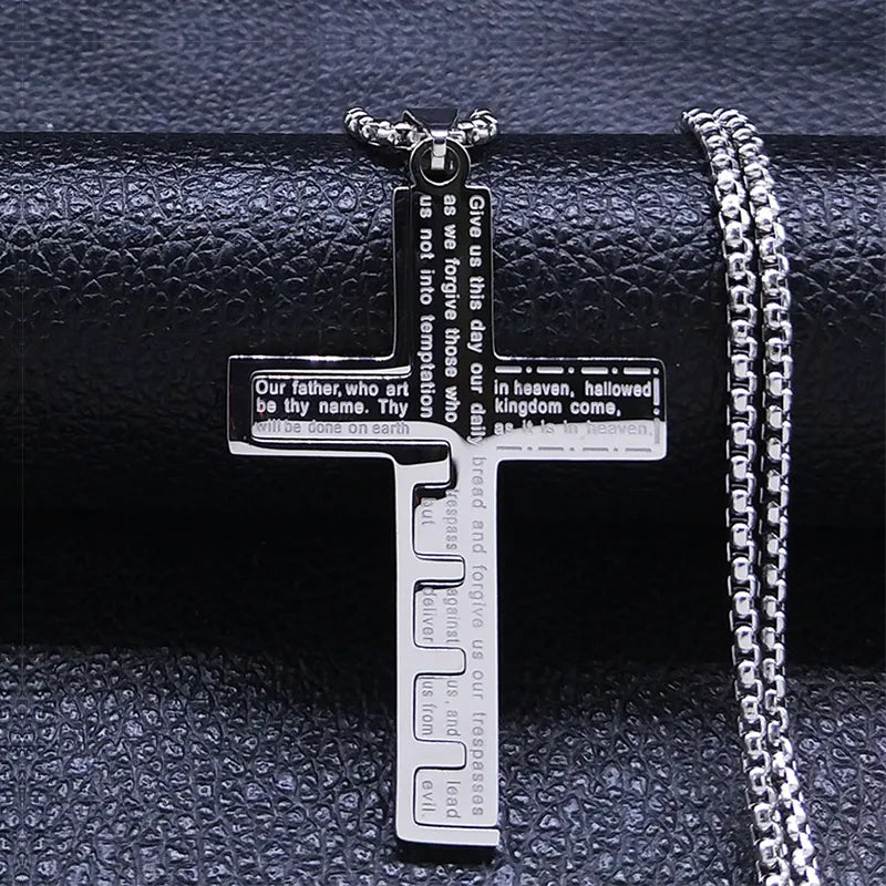 collier croix priere notre pere argent