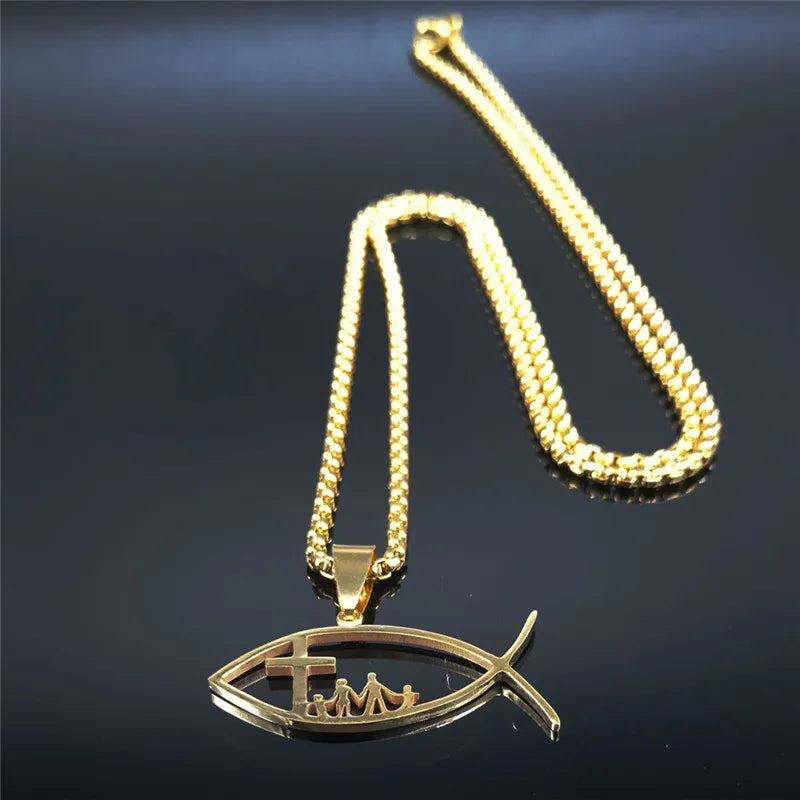 Collier homme femme pendentif  | IchthysChristCrossFamilyNecklace™