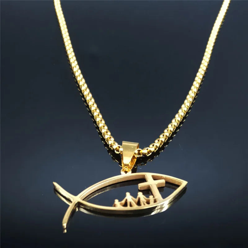 Collier homme femme pendentif  | IchthysChristCrossFamilyNecklace™