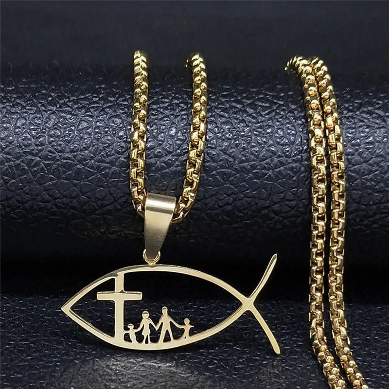 Collier homme femme pendentif  | IchthysChristCrossFamilyNecklace™