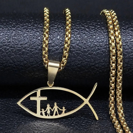Collier homme femme pendentif  | IchthysChristCrossFamilyNecklace™